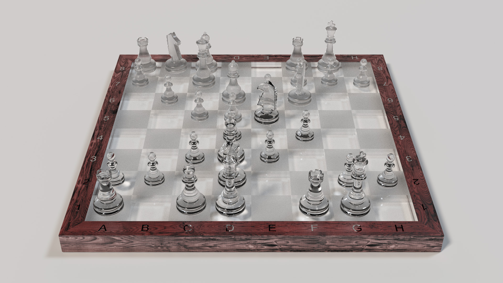 Chessboard with ground glass and clear glass pieces. Rendered using BDPT.