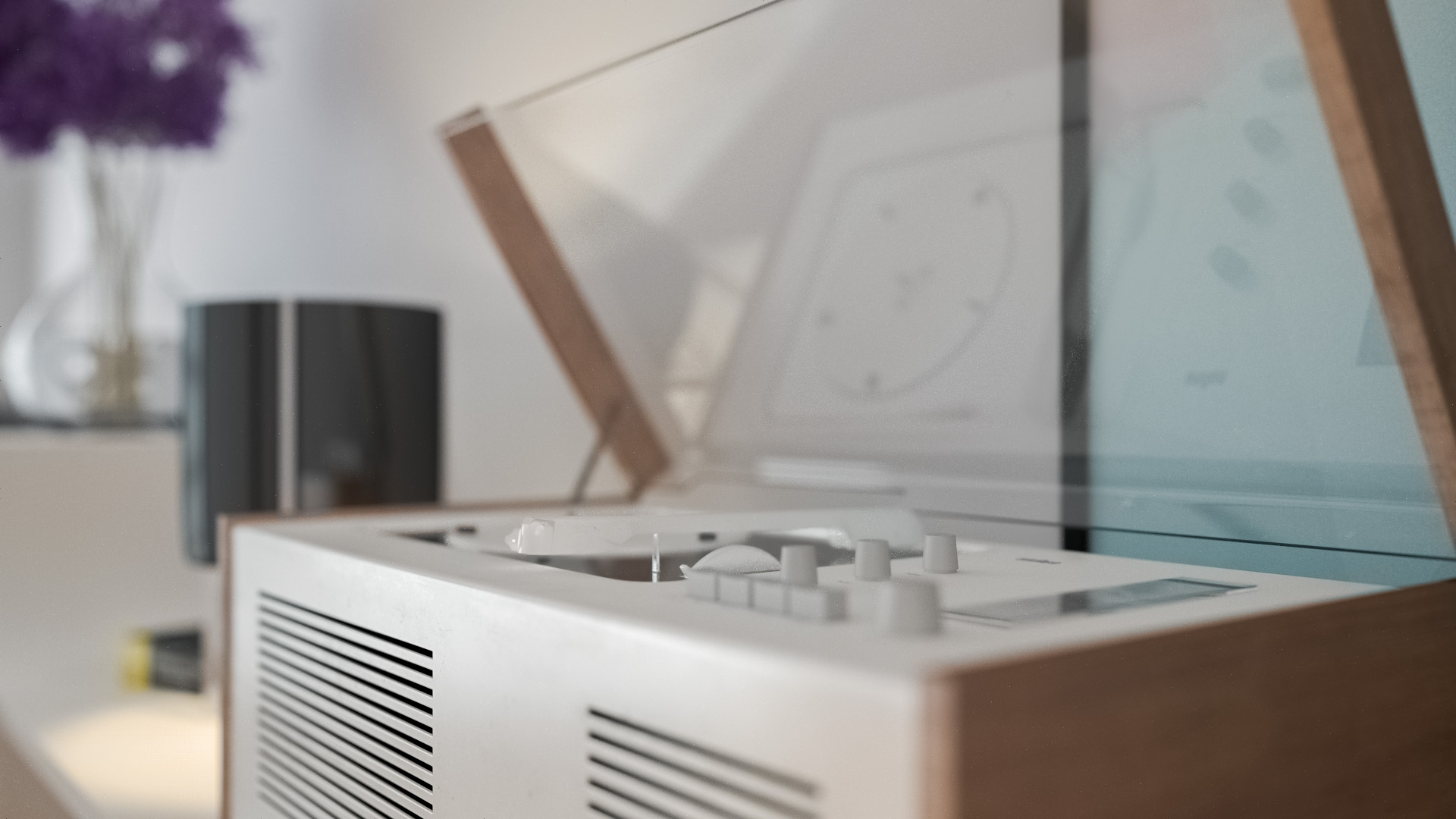 Closeup of Braun SK4 record player with DOF. Rendered using VCM.