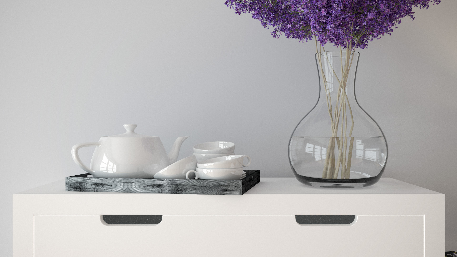 Flower vase and tea set. Rendered using VCM