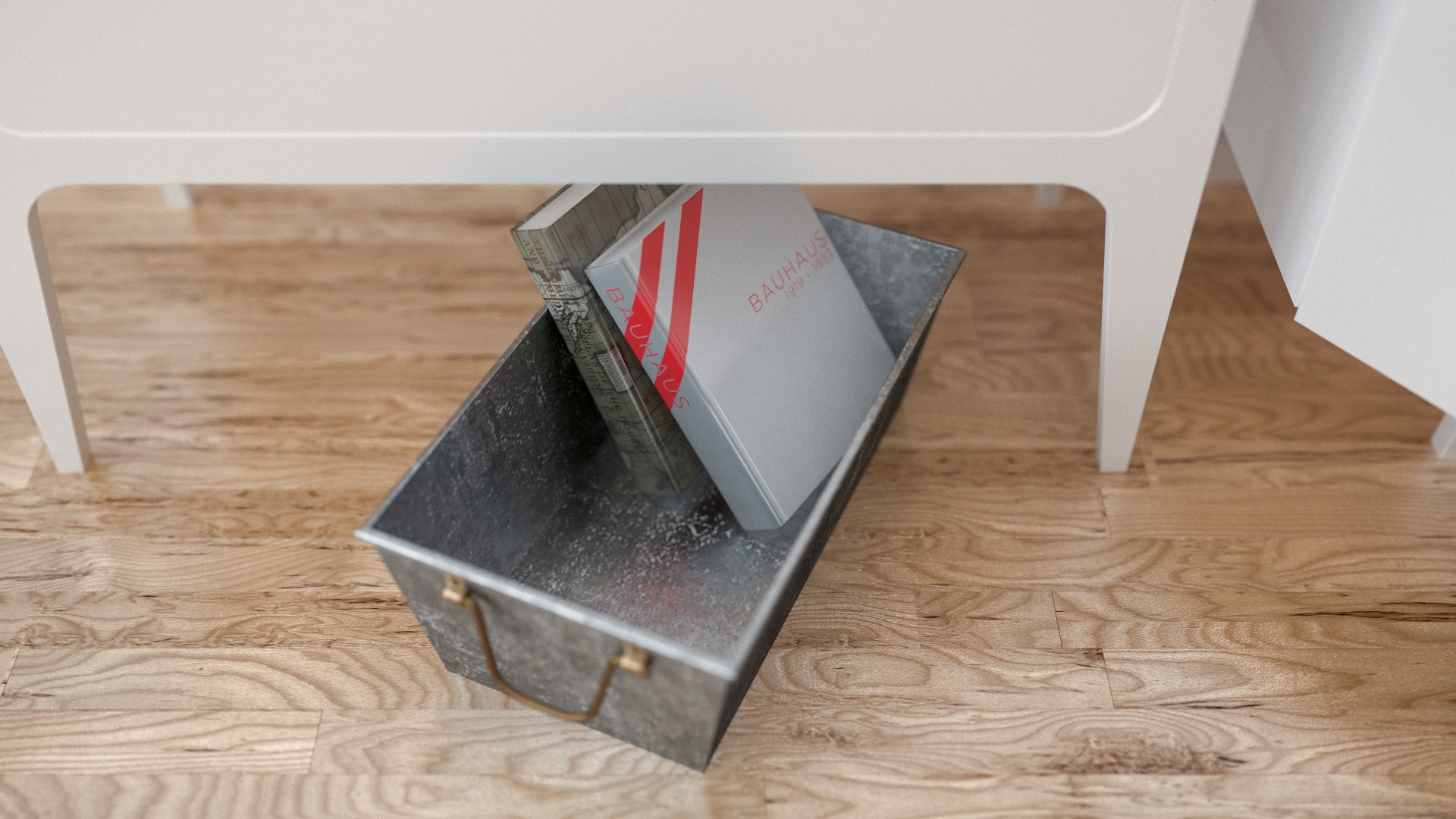 Floorboards, textbooks, and rough metal bin with DOF. The book covers are entirely made up. Rendered using VCM.