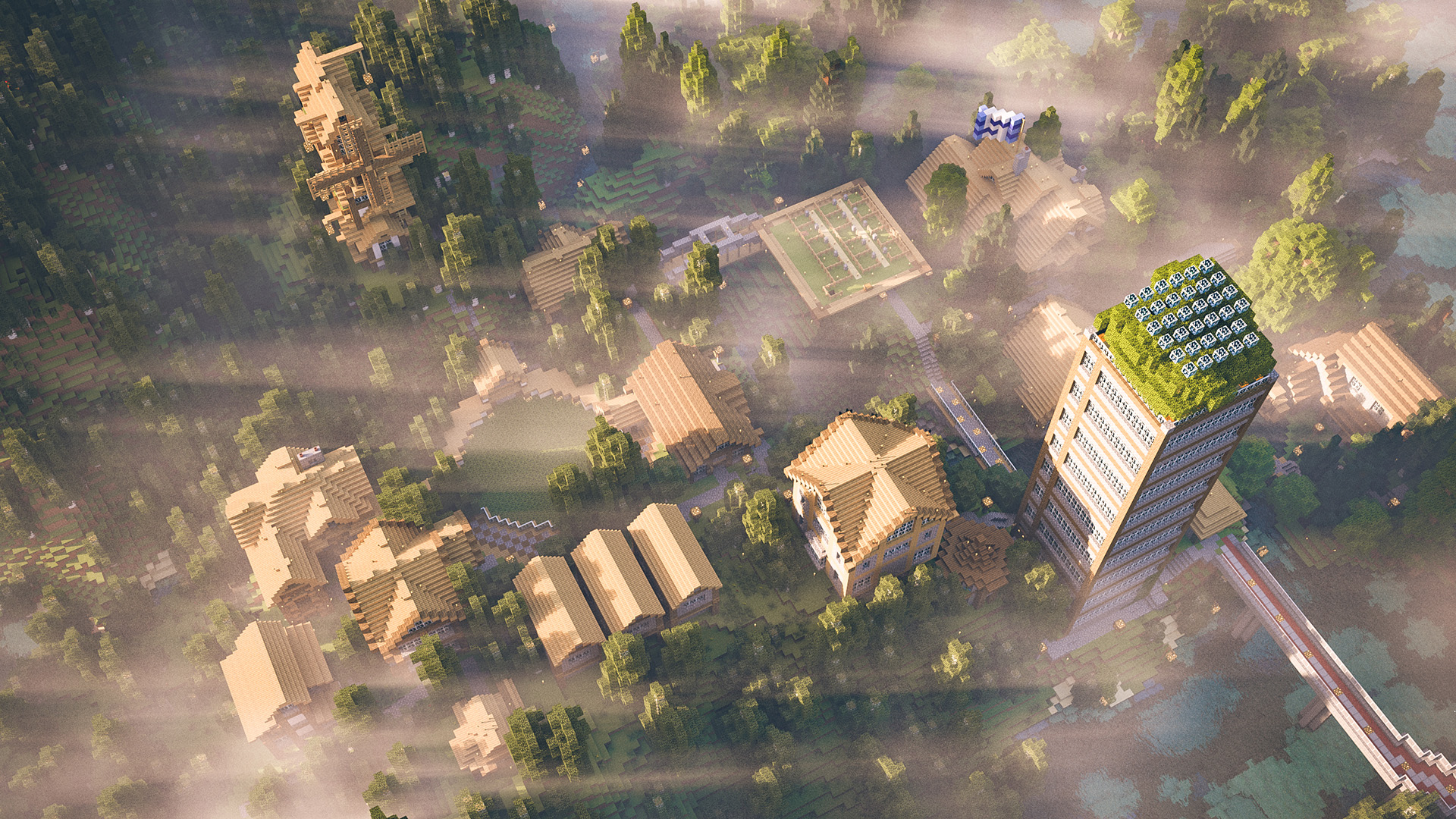 A Minecraft town from the pve.nerd.nu Minecraft server, rendered in Renderman 20/RIS.