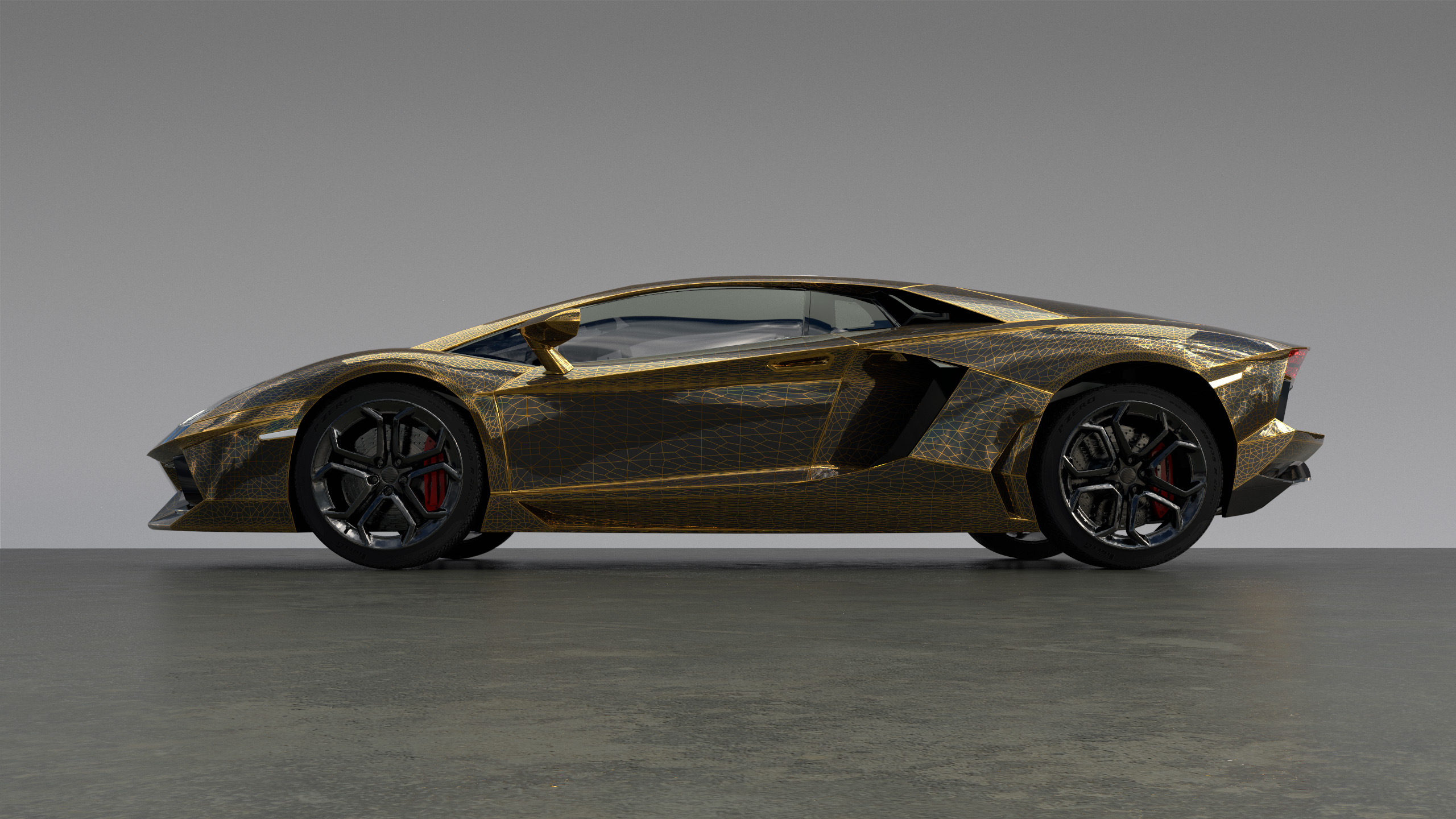 Figure 6: An outrageous Aventador paint scheme using a procedural wireframe texture to blend between black and metallic gold car paint.