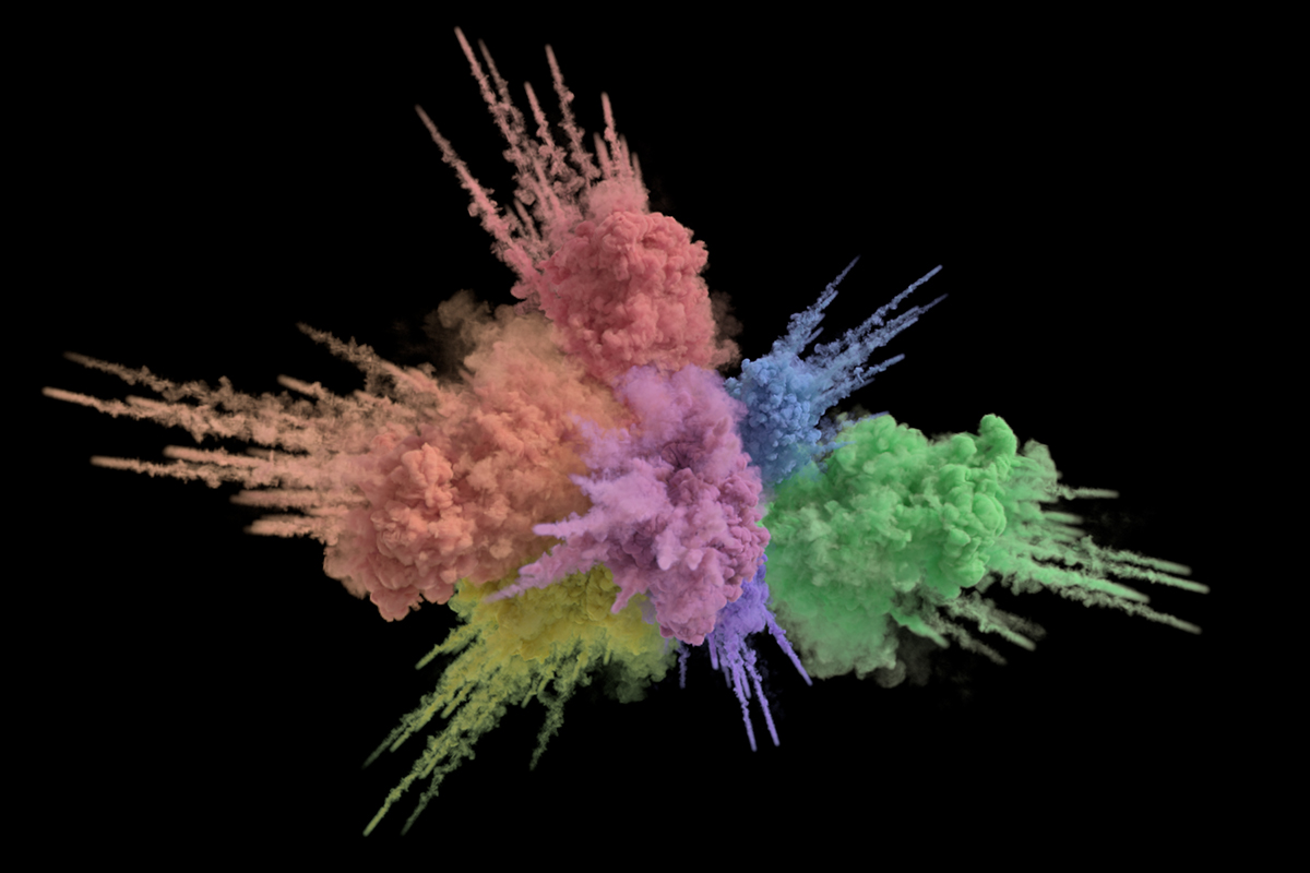 Image from paper Figure 12: a colorful explosion with chromatic extinction rendered using spectral tracking.