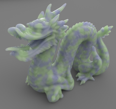 Image from paper Figure 15: a subsurface scattering heterogeneous Stanford dragon rendered using spectral and decomposition tracking.