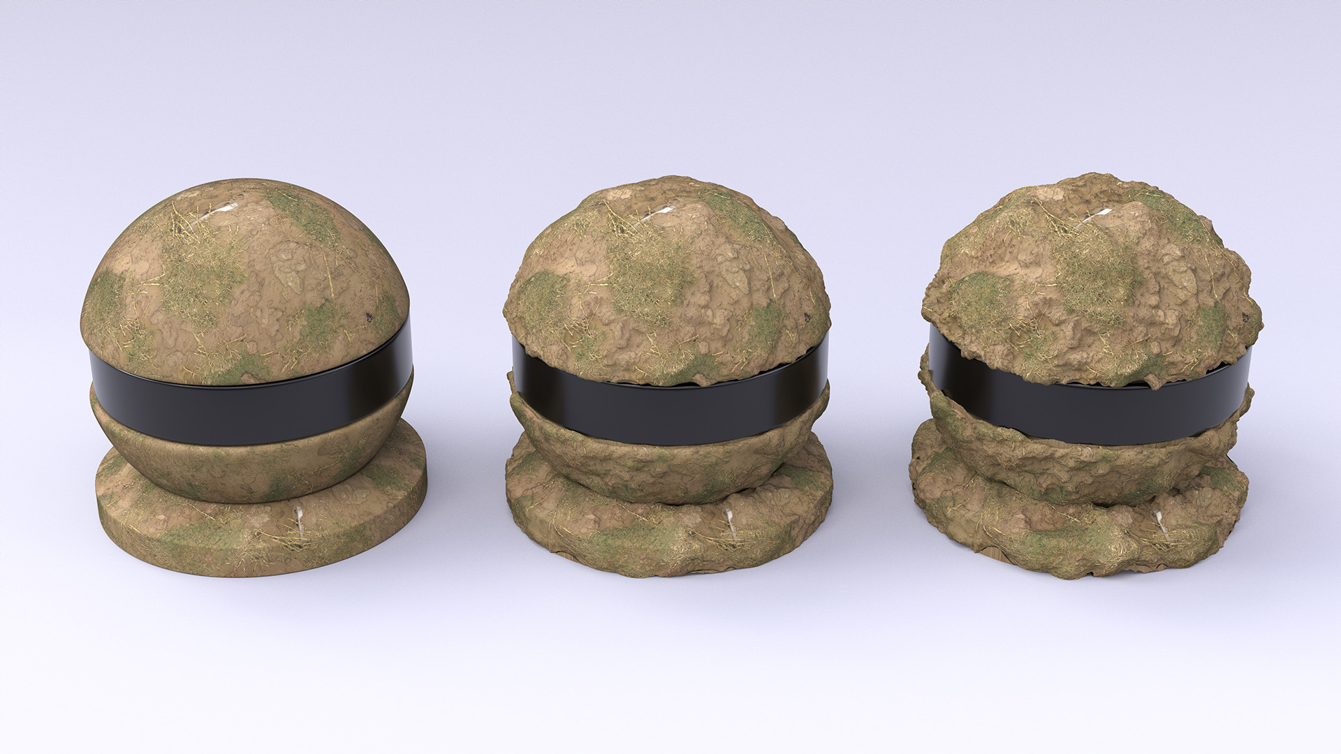 Figure 4: Dirt shaderballs with displacement scales of 0.0, 0.5, and 1.0, going from left to right.