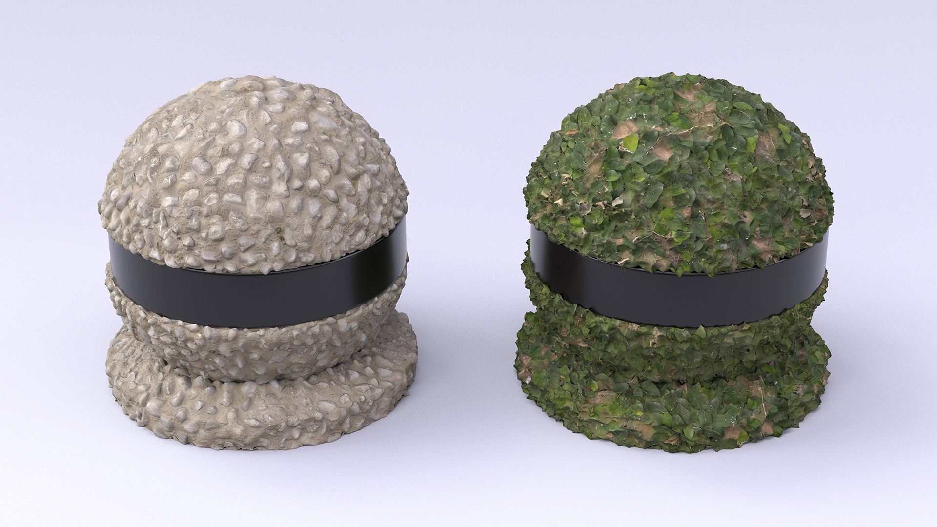 Figure 7: A pebble sphere and a leafy sphere. Note the overhangs on the leafy sphere, which are only possible using vector displacement.