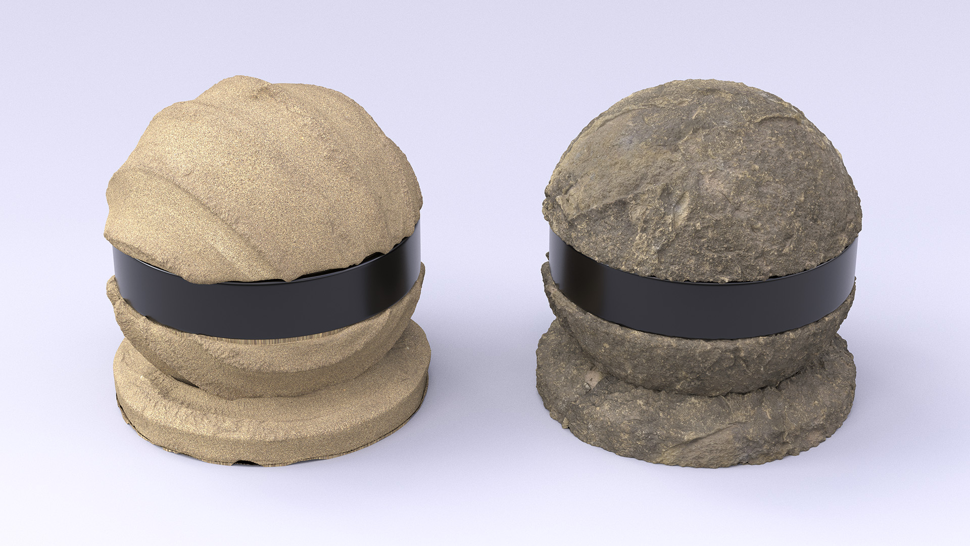 Figure 8: A compacted sand sphere and a stone sphere. Unfortunately, there is some noticeable texture stretching on the compacted sand sphere where crack removal occured.