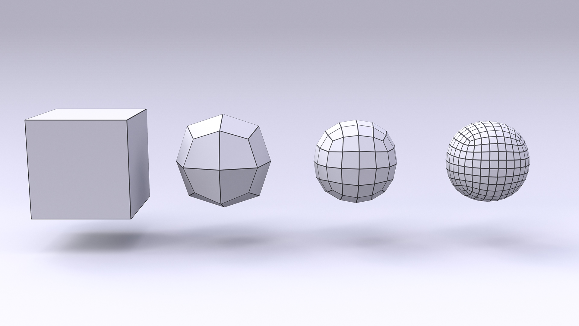 Figure 2: A cube with 0, 1, 2, and 3 subdivision levels, going from left to right.