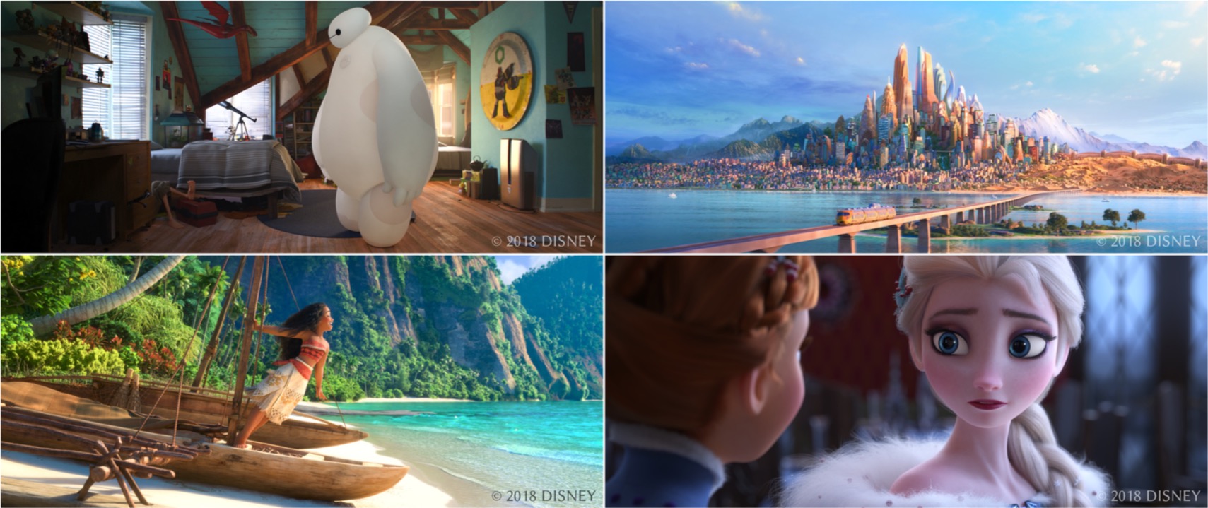 Image from paper Figure 1: Production frames from Big Hero 6 (upper left), Zootopia (upper right), Moana (bottom left), and Olaf’s Frozen Adventure (bottom right), all rendered using Disney’s Hyperion Renderer.