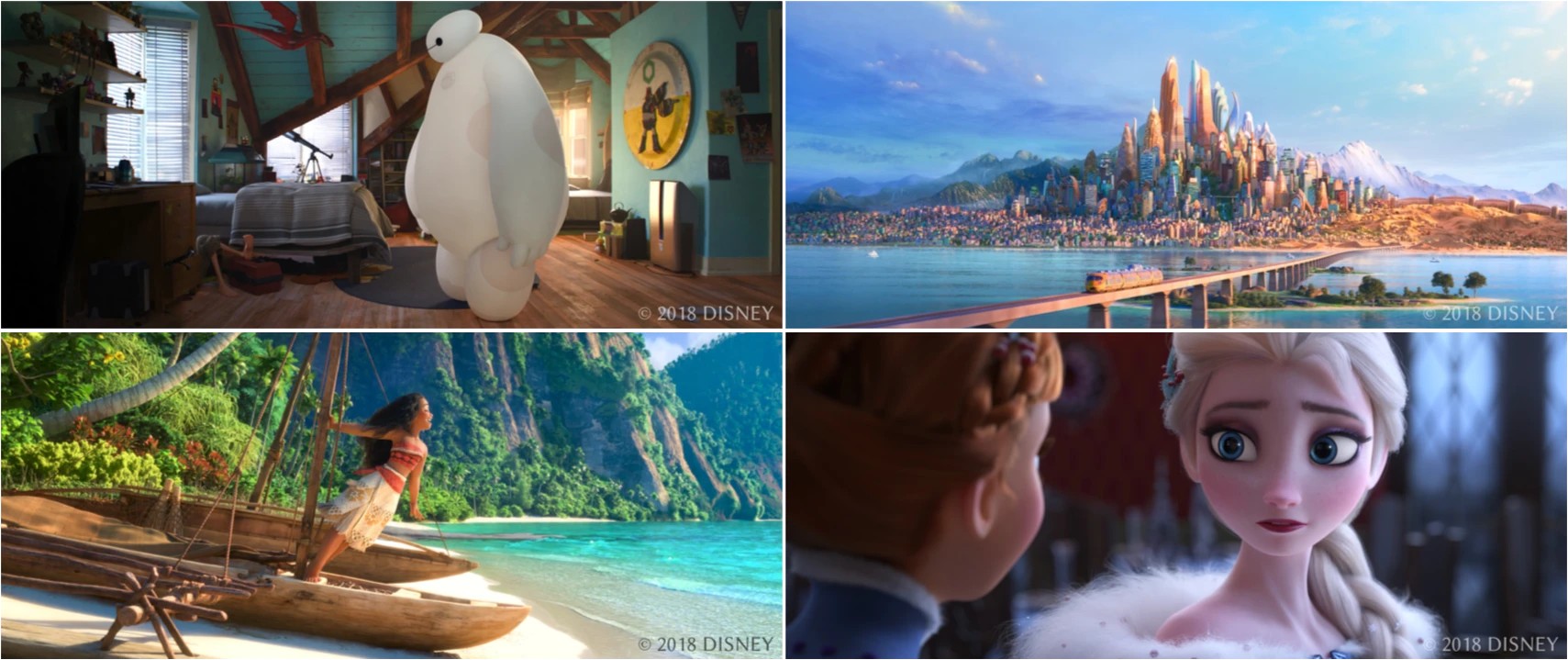 Image from paper Figure 1: Production frames from <em>Big Hero 6</em> (upper left), <em>Zootopia</em> (upper right), <em>Moana</em> (bottom left), and <em>Olaf’s Frozen Adventure</em> (bottom right), all rendered using Disney’s Hyperion Renderer.