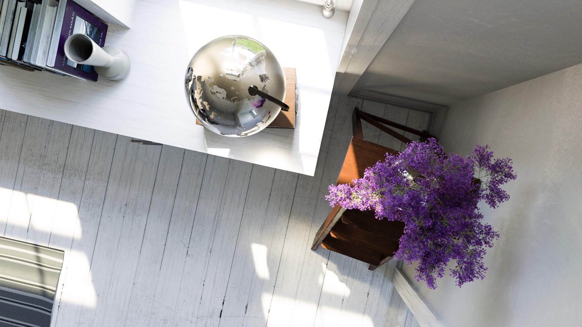 Figure 10: A glass globe with mirror-polished metal continents, sitting in the sunlight from the window.