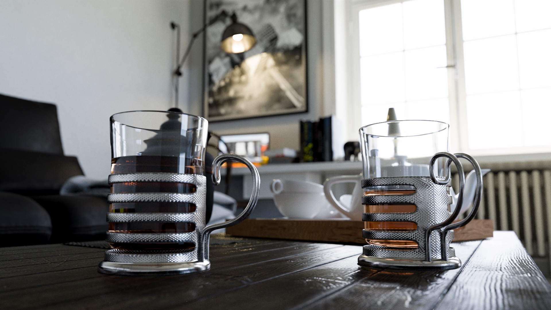 Figure 11: Close-up of two glass and metal mugs filled with tea.