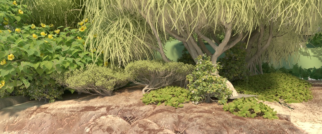 Figure 5b: 'dunesACam' camera angle, rendered using PBRT v3. Some of the plants are in slightly different locations than the Hyperion render; this was just a small change that happened in data conversion to the PBRT scene.