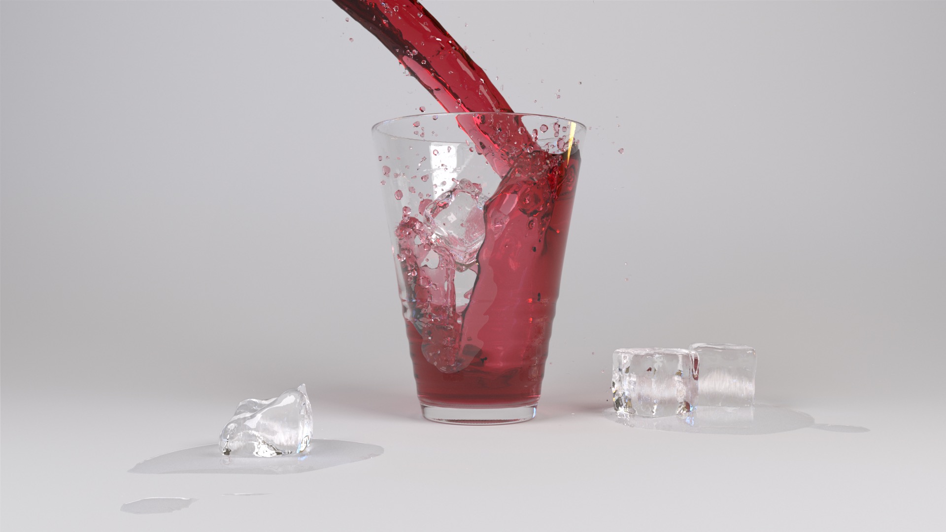 Figure 7: Cranberry juice pouring into a glass with ice cubes, rendered using Takua's priority-based nested dielectrics. The scene is from Benedikt Bitterli's rendering resources page.
