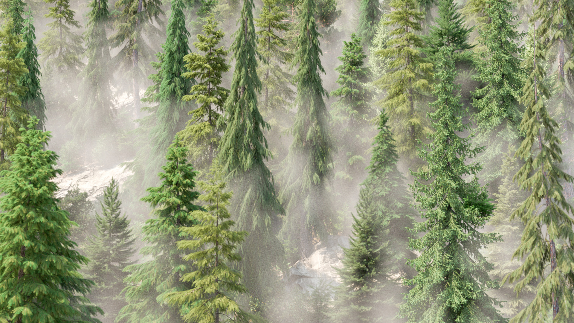 Figure 18: In-progress test render of the background forest with an initial version of mist and fog.