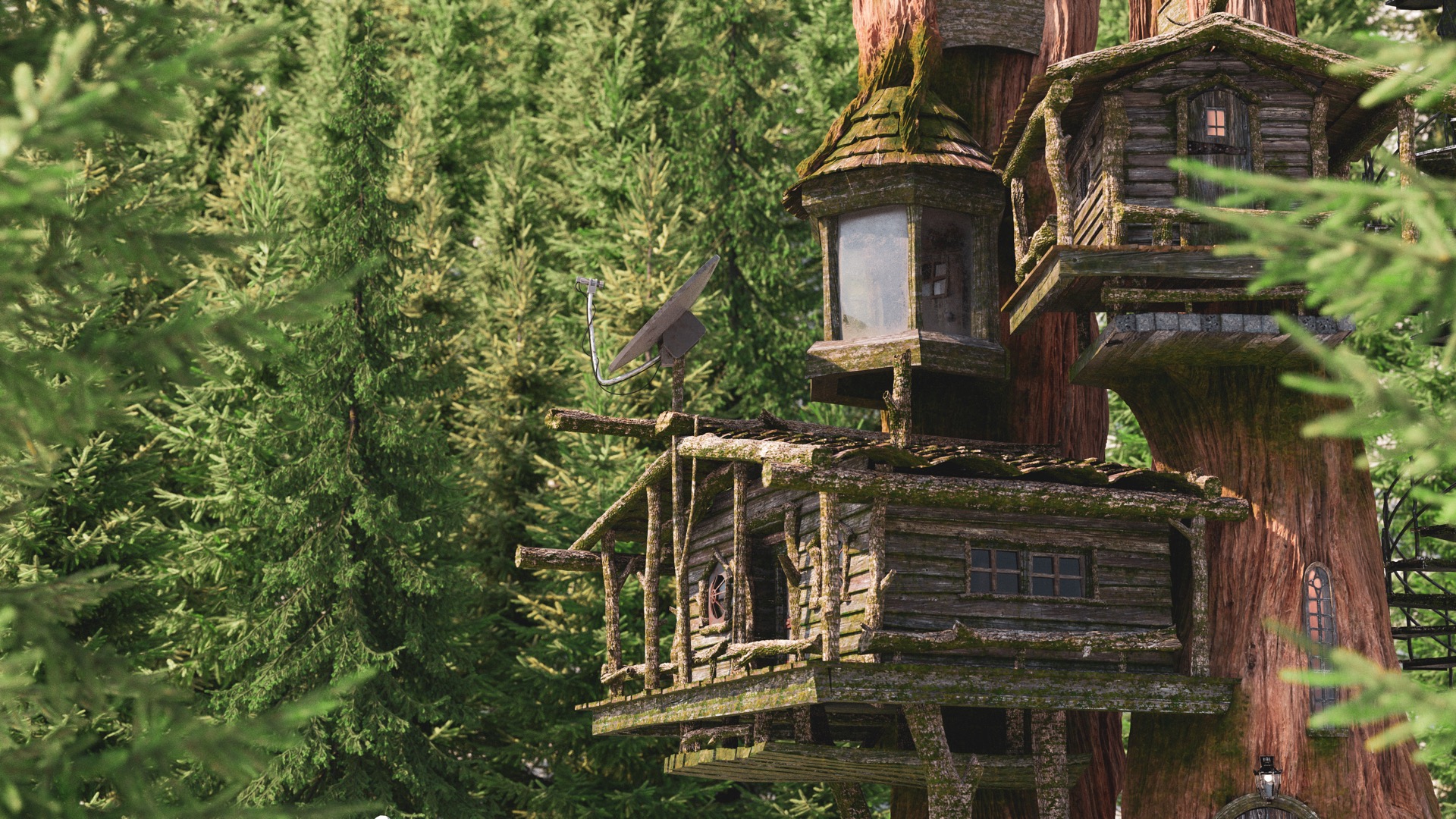 Figure 12: In-progress test render with initial fully shaded treehouse, along with geoemtric modifications. Click for 4K version.