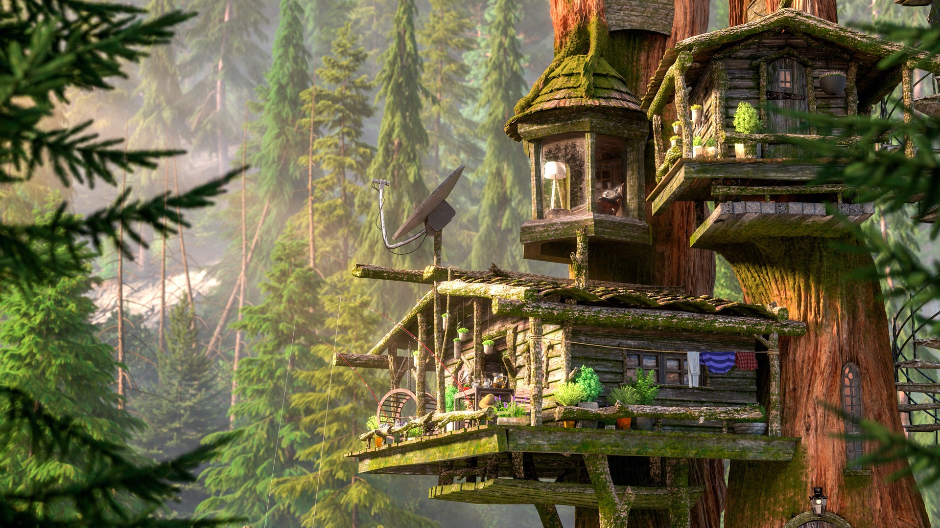 Figure 1: My entry to Pixar's RenderMan Woodville Art Challenge, titled "Morning Retreat". Base treehouse model is from Pixar; all shading, lighting, additional modeling, and environments are mine. Concept by Vasylina Holod. Model by Alex Shilt © Disney / Pixar - RenderMan "Woodville" Art Challenge.