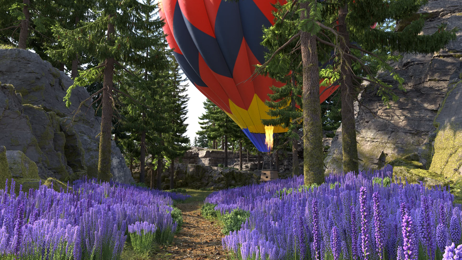 Figure 22: Initial version of the scene including a hot air balloon in the clearing, also with a slighty lower camera angle.