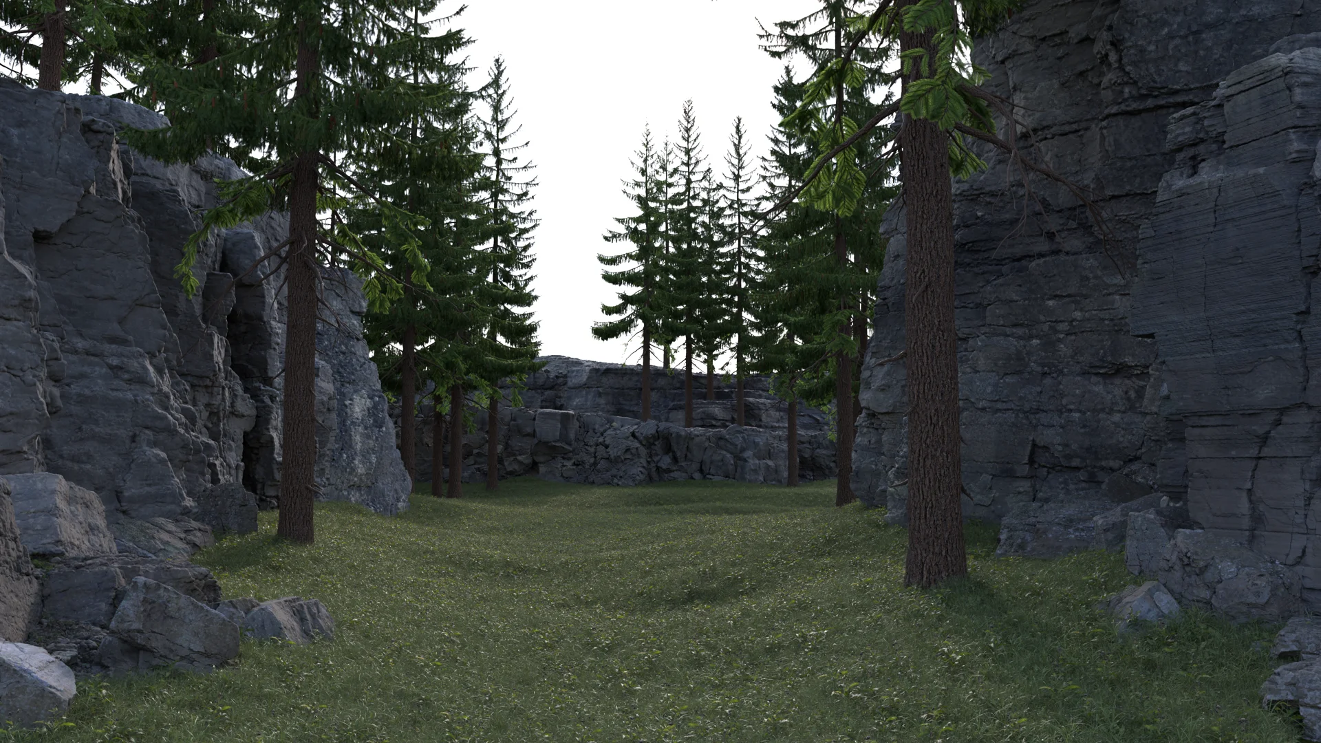 Figure 8: Initial blocking for where the spruce trees should go, along with initial grass and rock formations.