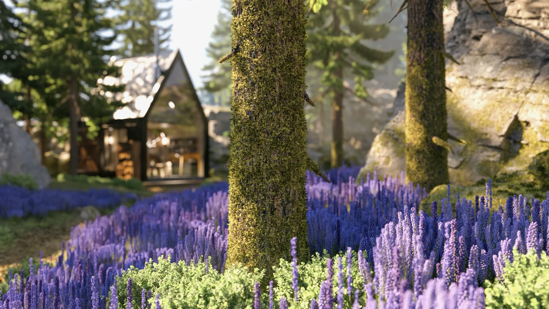 Figure 21: Alternate close-up view of one of the mossy tree trunks, from the final version of the scene.