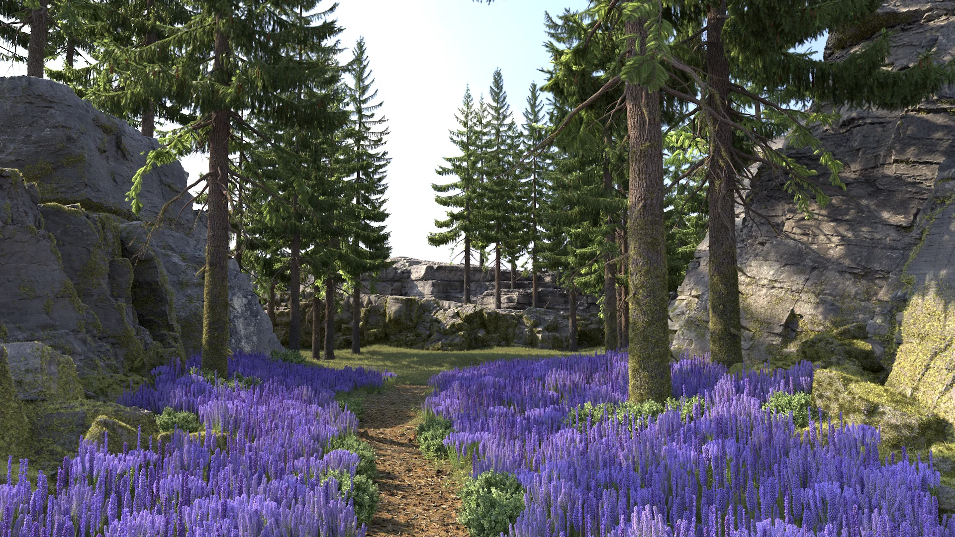 Figure 19: Scene rendered with all XGen instanced geometry, including debris, flowers, grass, and moss.