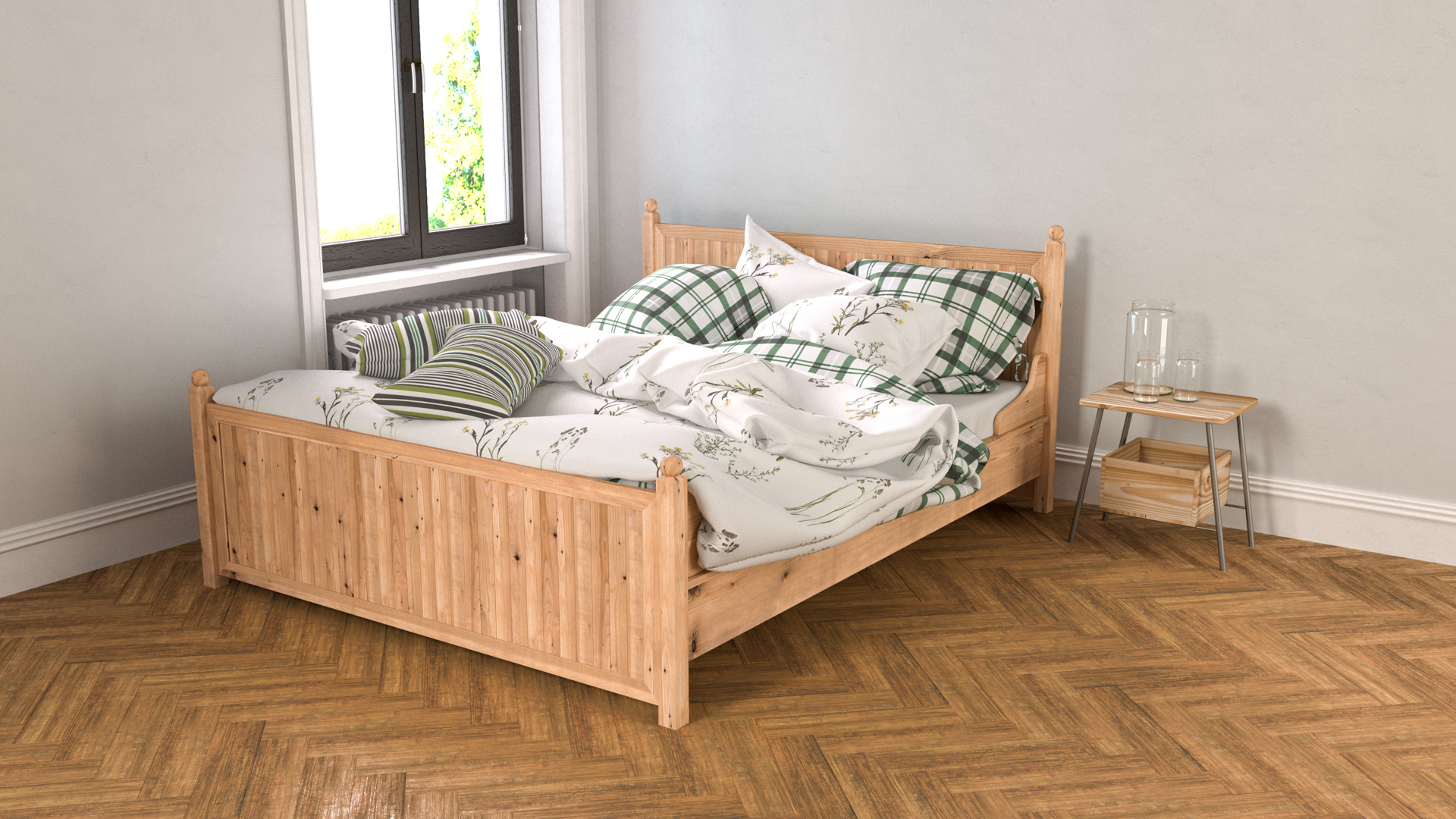Figure 1: A simple bedroom scene, rendered in Takua Renderer. This image was rendered using the Chiang 2019 shadow terminator solution.