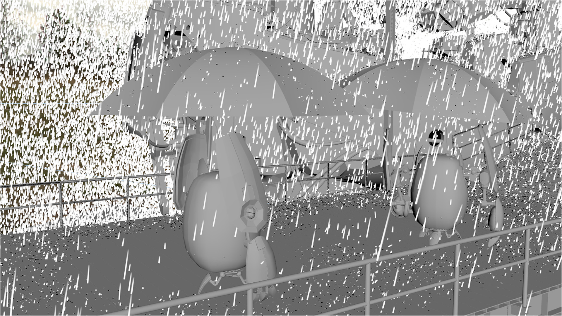 Figure 39: Closeup of a work-in-progress version of the rain sim. Note how the umbrellas properly block rain from falling on the robots under the umbrellas.