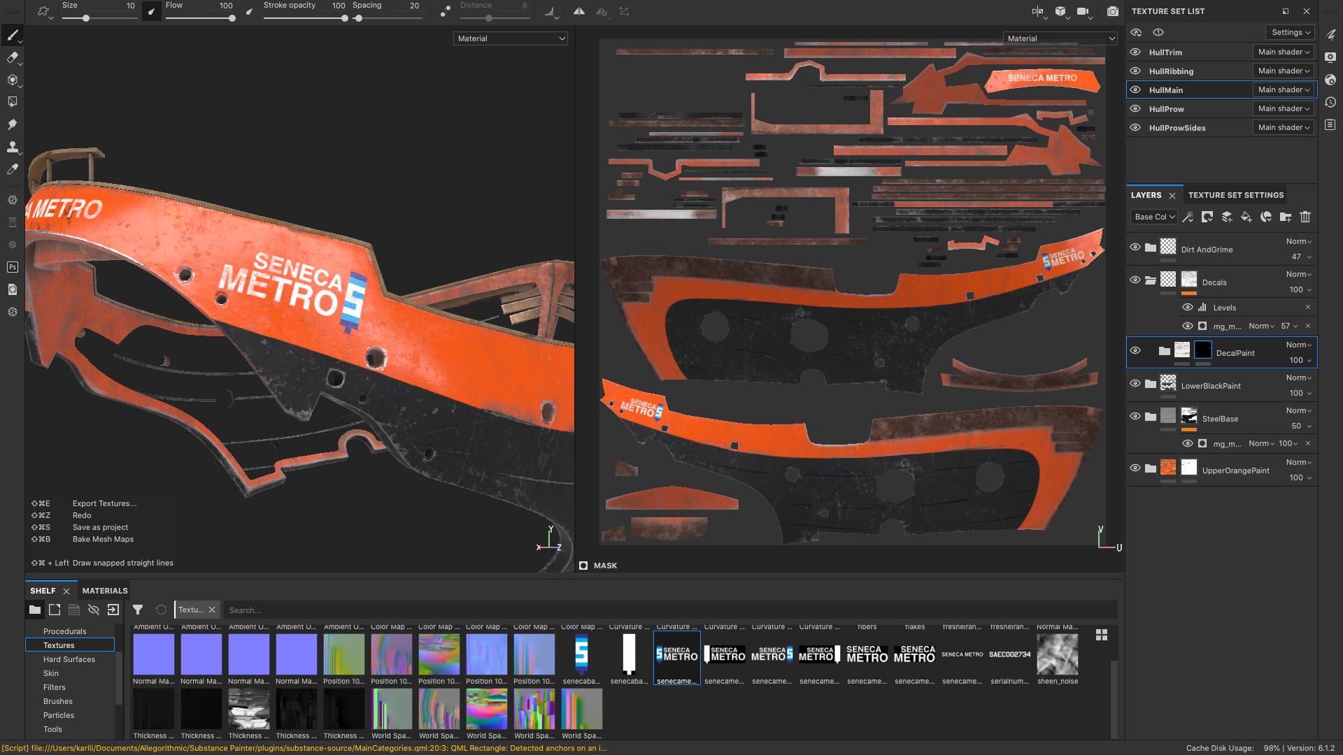 Figure 11: Texturing the main piece of the ship's hull in Substance Painter.