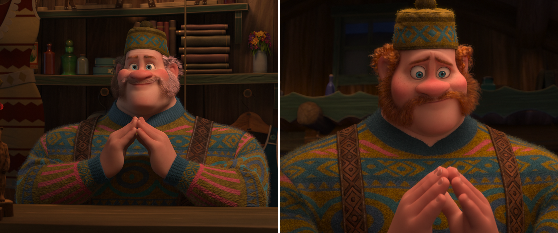 Left: Oaken in <em>Frozen</em>. Right: Oaken in <em>Once Upon a Snowman</em>, in the same time period and setting as <em>Frozen</em>.