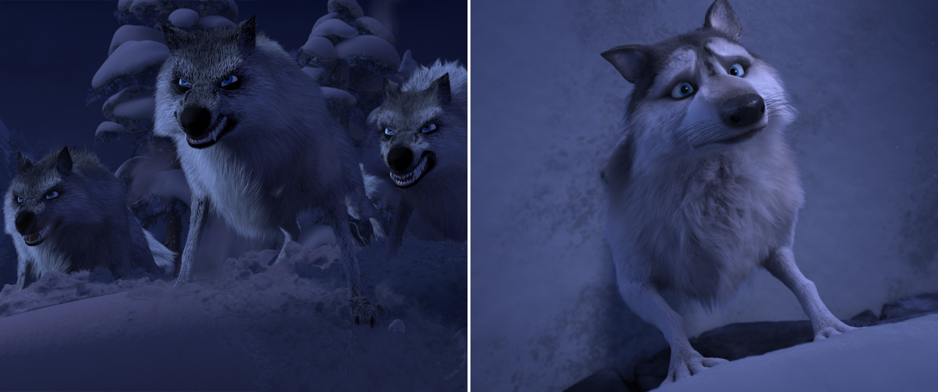 Left: Wolves in <em>Frozen</em>. Right: The same wolves in <em>Once Upon a Snowman</em>, in the same time period and setting as <em>Frozen</em>.