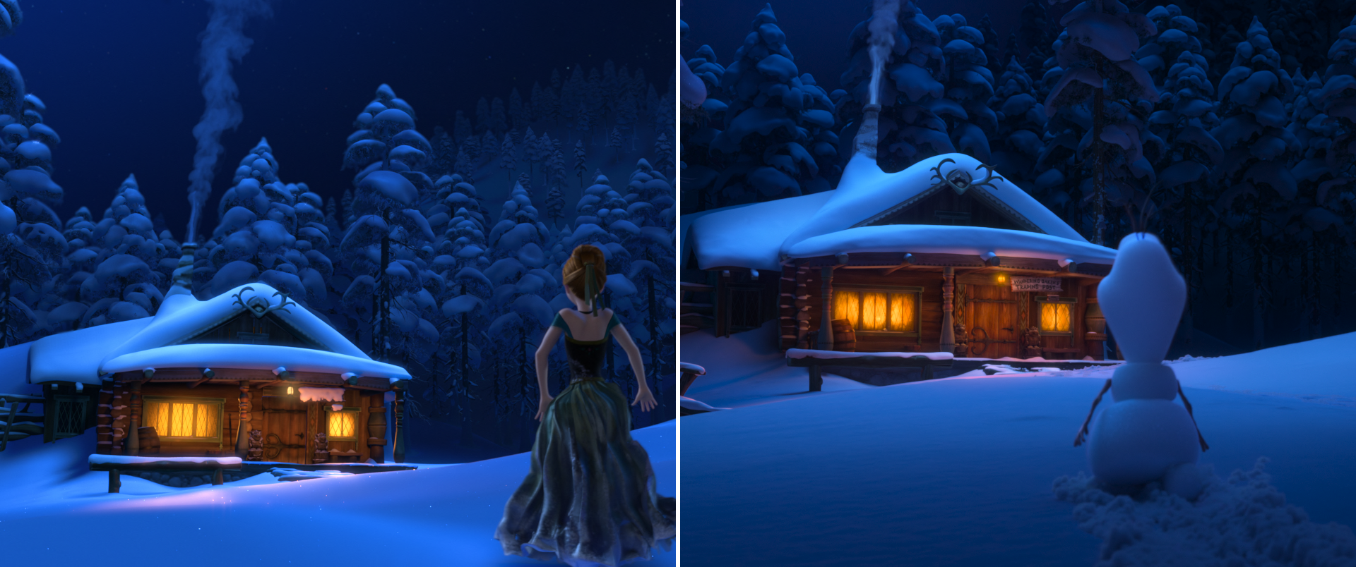 Left: Wandering Oaken's Trading Post in <em>Frozen</em>. Right: The same Trading Post in <em>Once Upon a Snowman</em>, in the same time period and setting as <em>Frozen</em>.