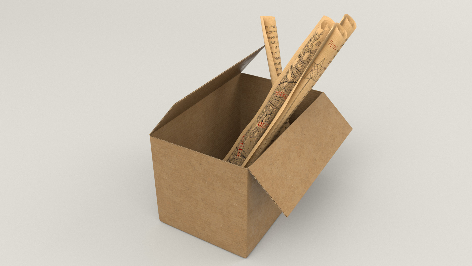 Figure 17: Corrugated cardboard box containing technical magic scrolls and maps.