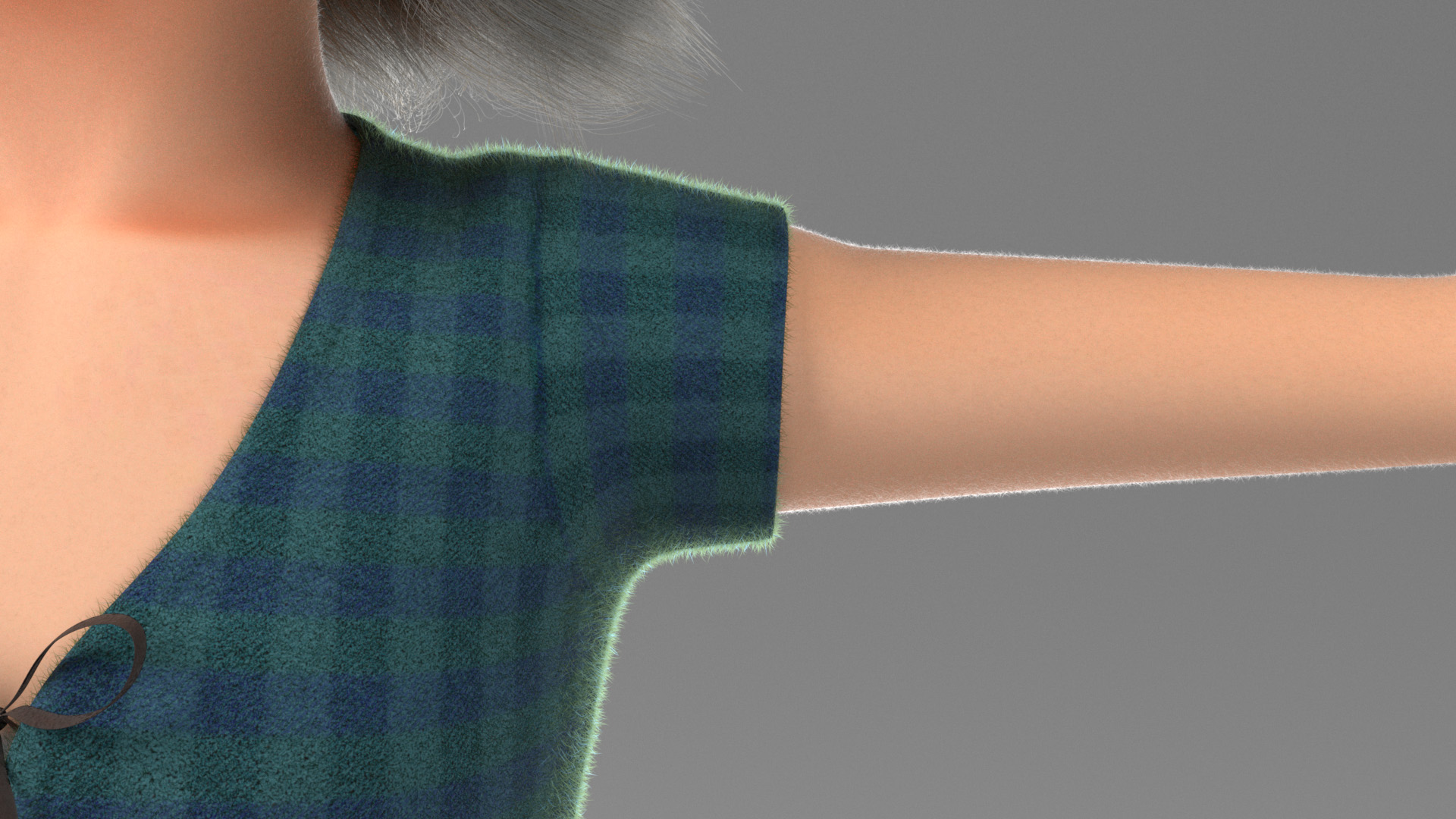 Figure 8: Closeup test render of fuzz on the shirt and peach fuzz on the character's skin.