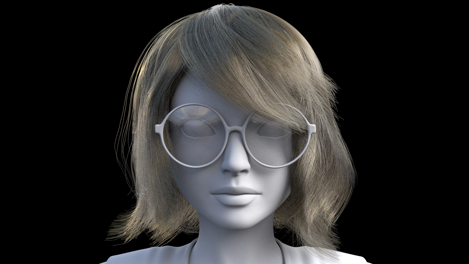 Figure 2: Early iteration of a custom hair groom for the character, with placeholder glasses.