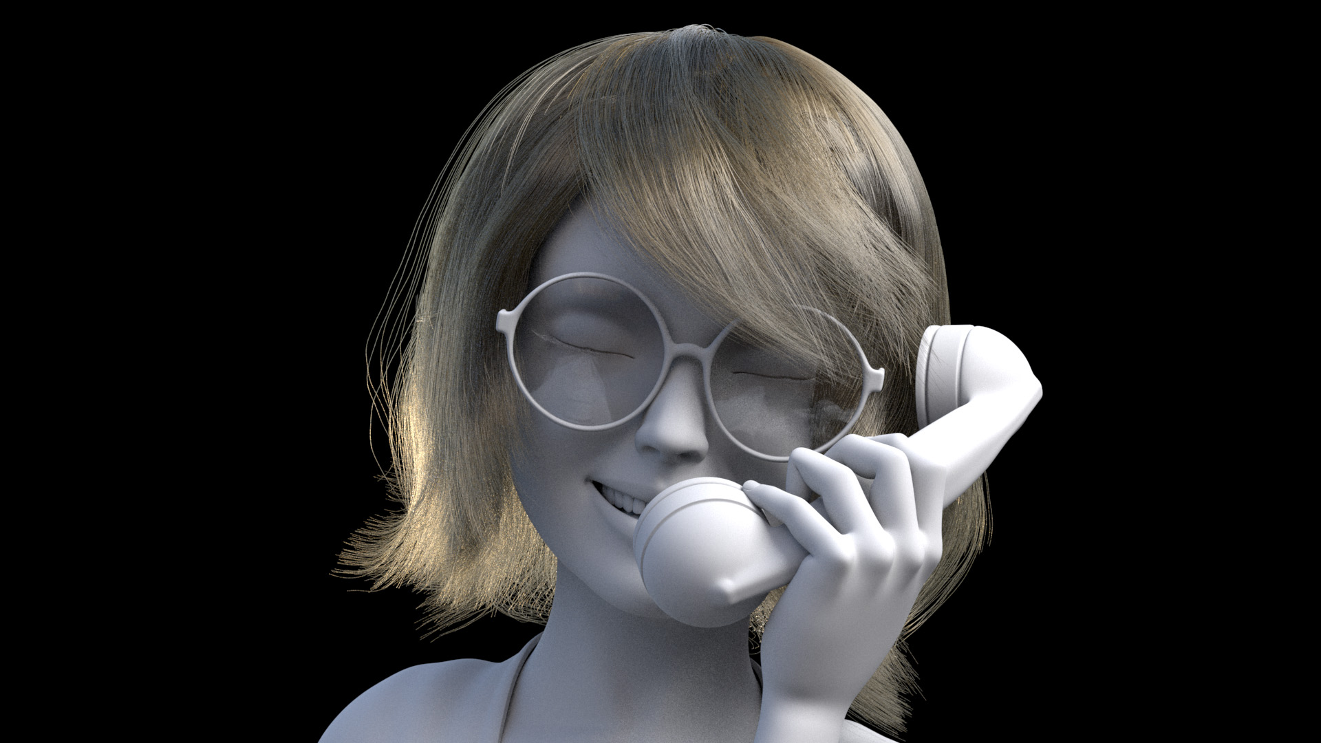Figure 3: Another early iteration of a custom hair groom for the character, with pose test and with placeholder glasses.