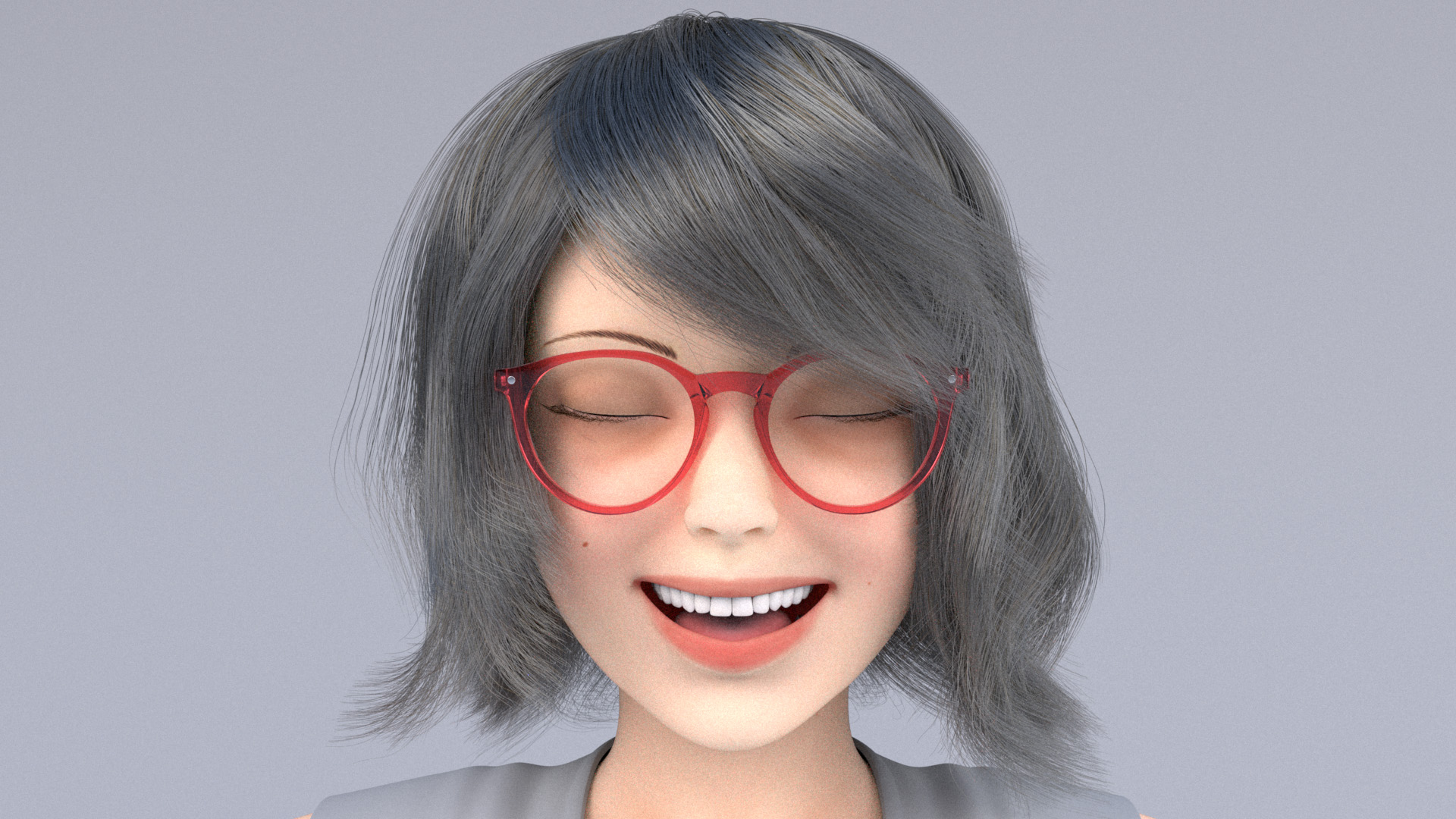 Figure 4: More progressed iteration of a custom hair groom for the character, with final glasses.