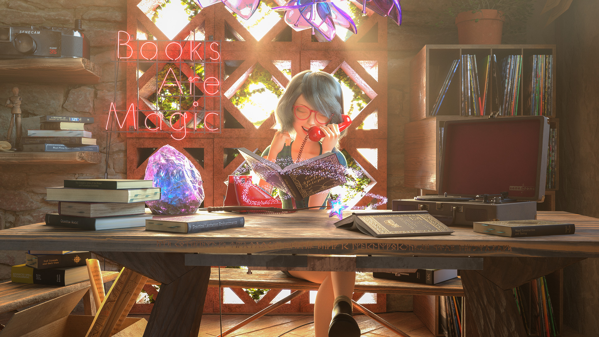 Figure 1: My entry to Pixar's RenderMan Magic Shop Art Challenge, titled "Books are Magic". Click for 4K version. Mathilda model by Xiong Lin and rig by Leon Sooi. Pixar models by Eman Abdul-Razzaq, Grace Chang, Ethan Crossno, Siobhán Ensley, Derrick Forkel, Felege Gebru, Damian Kwiatkowski, Jeremy Paton, Leif Pedersen, Kylie Wijsmuller, and Miguel Zozaya © Disney / Pixar - RenderMan "Magic Shop" Art Challenge.