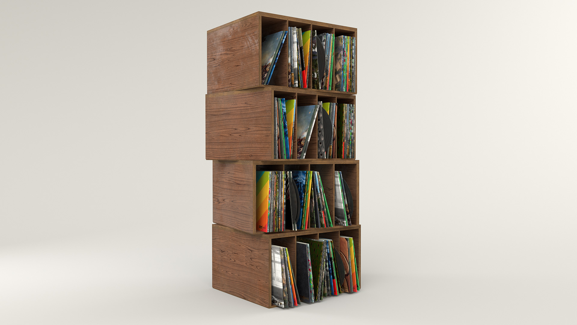 Figure 33: Record crates stack with randomized, custom album covers. Click through for a high-res 4K render if you want to see all of the little details.