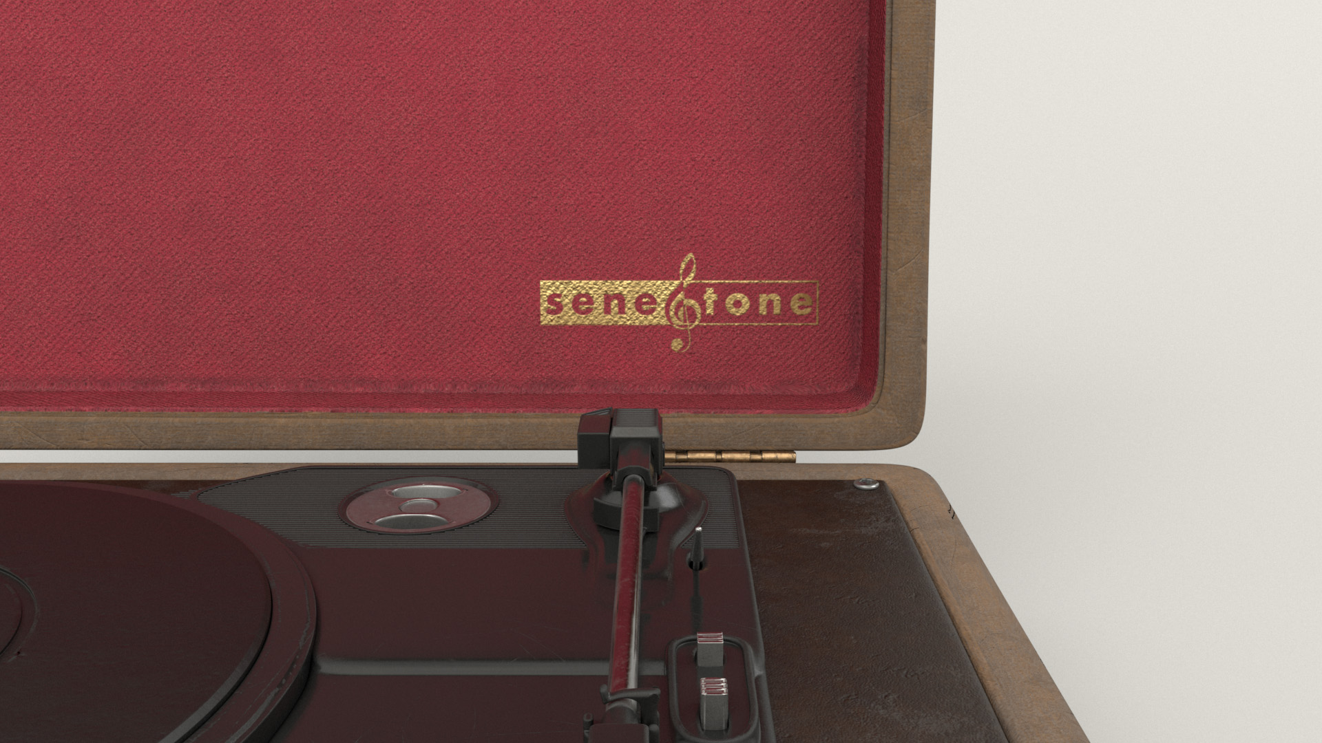 Figure 21: Close-up of the red fabric briefcase liner and gold "SeneTone" logo.