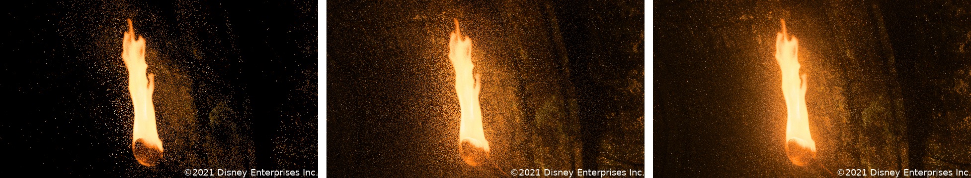 A higher-res version of Figure 1 from the paper: a torch embedded in thin anisotropic heterogeneous mist. Equal-time comparison of a conventional null-collision approach (left), incorporating our emission sampling strategy (middle), and additionally combining with our scattering sampling strategy via MIS (right).