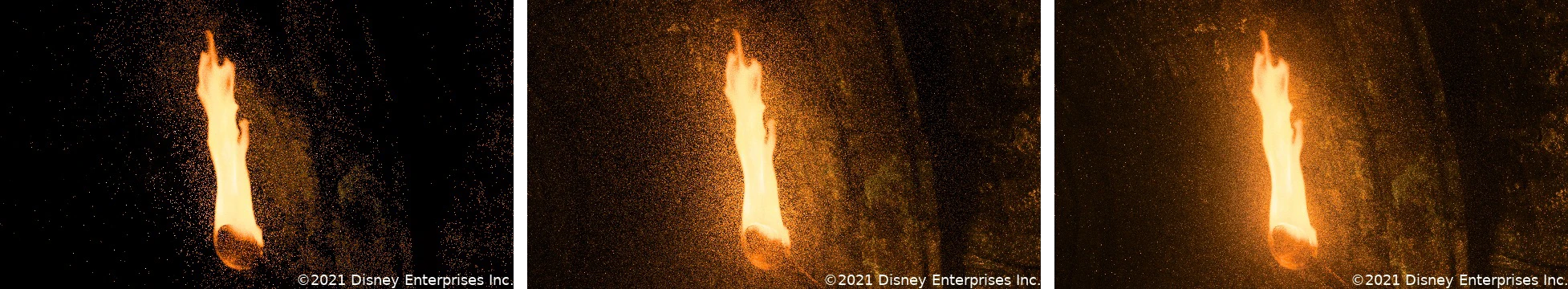 A higher-res version of Figure 1 from the paper: a torch embedded in thin anisotropic heterogeneous mist. Equal-time comparison of a conventional null-collision approach (left), incorporating our emission sampling strategy (middle), and additionally combining with our scattering sampling strategy via MIS (right).