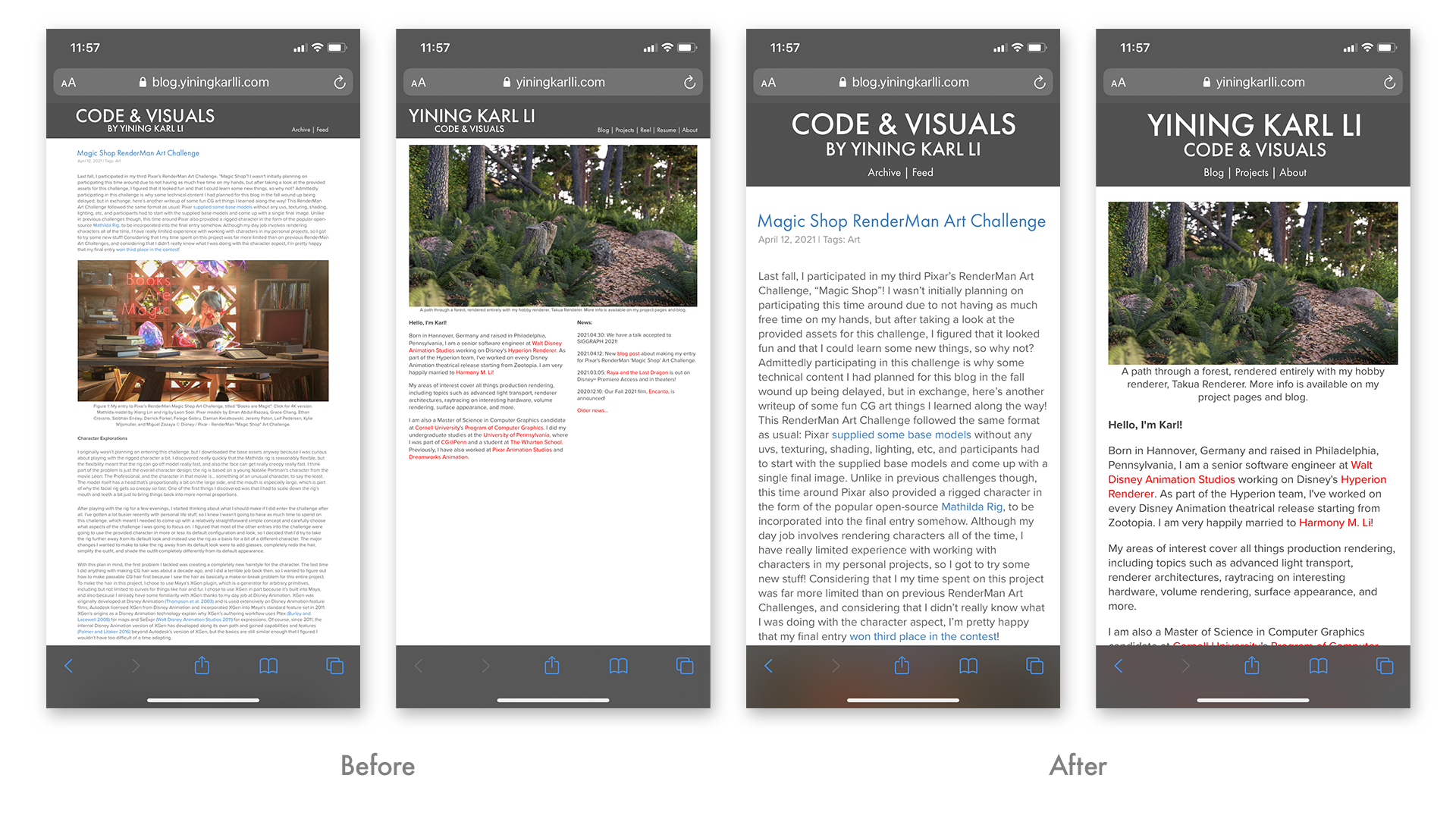 Figure 1: Old layout (left) vs. new responsive layout (right) in Safari on an iPhone 11.