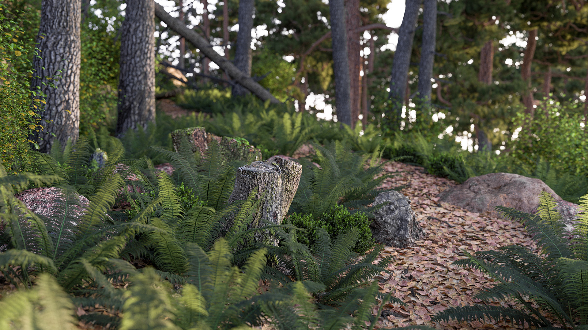 Figure 3: Forest scene title image from my personal website. Rendered using Takua Renderer on a M1 Max 14-inch MacBook Pro. Click through for full 4K version.