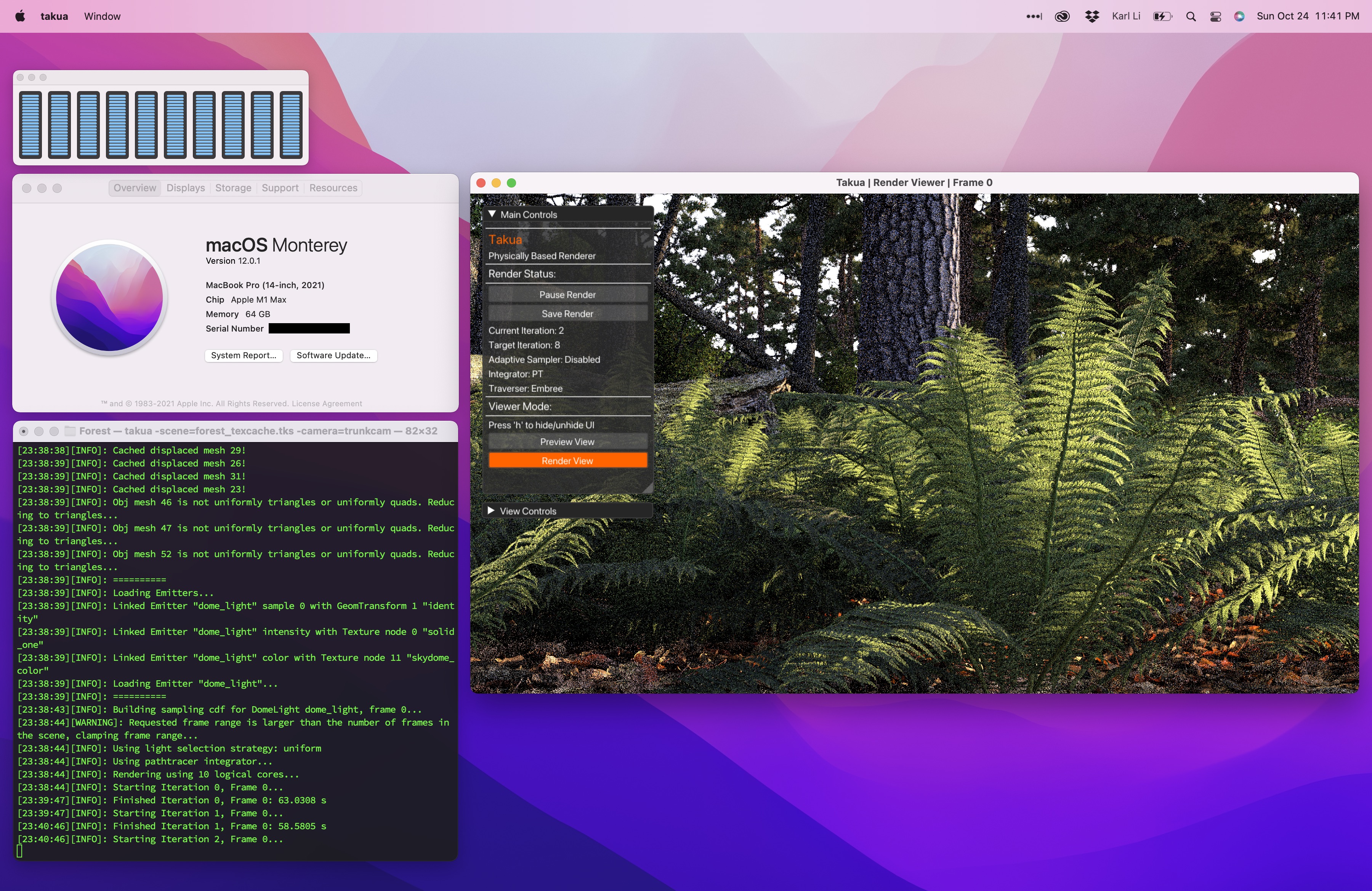Figure 2: Takua Renderer running on arm64 macOS 12 Monterey, on a 14-inch MacBook Pro with an M1 Max chip.