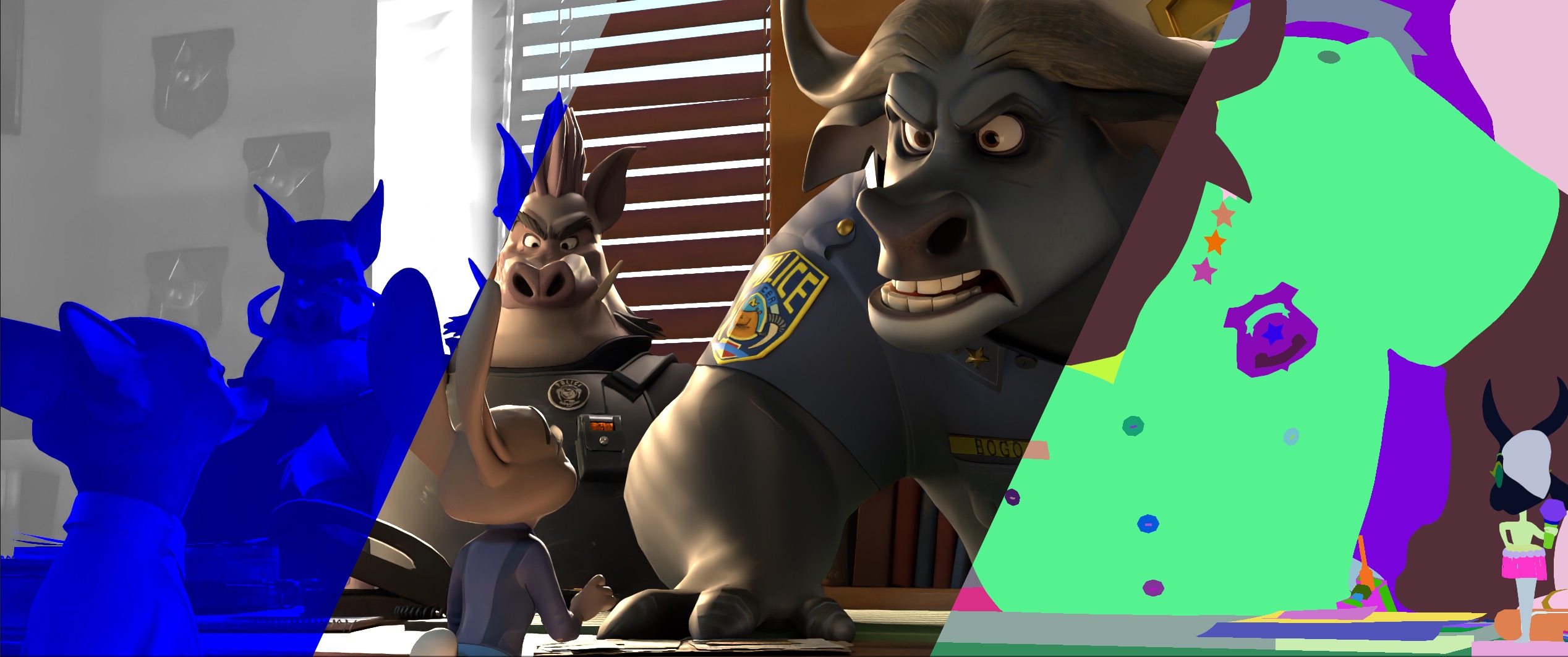 Figure 1 from the talk: Our hybrid BVH structure combines elements of a two-level BVH and a Mega-BLAS BVH to allow for efficient interactive ray tracing of complex production scenes, such as this one from <em>Zootopia 2</em>, with active geometric editing and real-time animation playback. Left: Visualization of unique bottom-level acceleration structures. Middle: Beauty render. Right: Visualization of unique scene objects. © 2026 Disney.